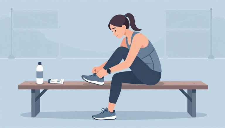 Une coureuse noue ses lacets sur un banc, avec une gourde et une barre énergétique.
