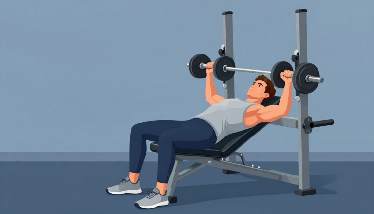 Un homme soulève deux haltères sur un banc de musculation dans une salle lumineuse.