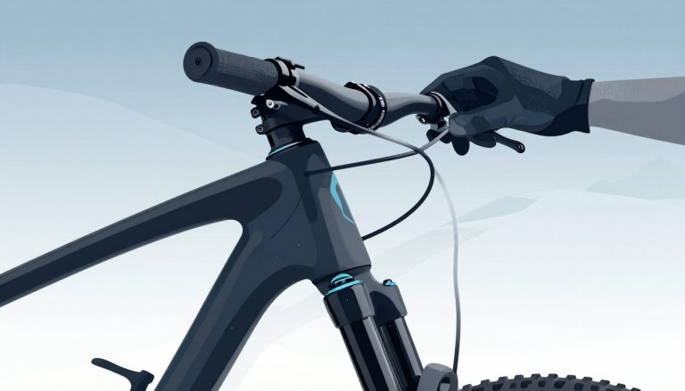 Une main gantée actionne le levier bleu d’une fourche de VTT.