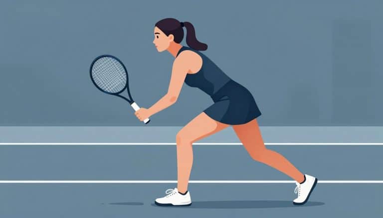 Joueuse de tennis en déplacement latéral, genou droit fléchi et pied gauche bien ancré.