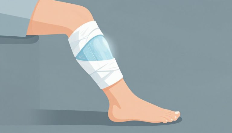 Une jambe surélevée avec une poche de glace sur le genou gonflé.