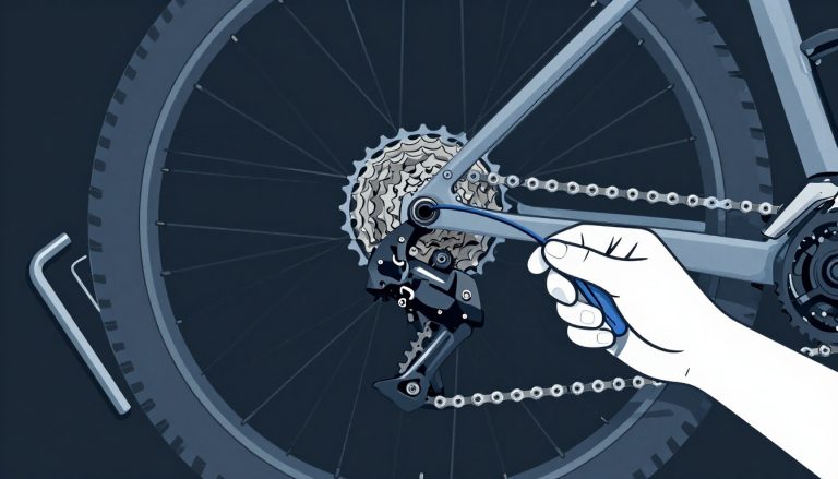 Main gantée insérant un câble neuf dans le dérailleur arrière d’un VTT.