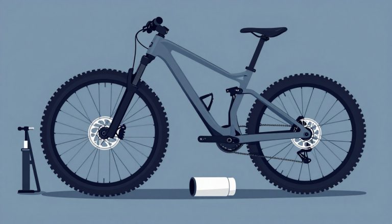 Roue de VTT sur un établi avec pneu retiré, chambre à air et outils.