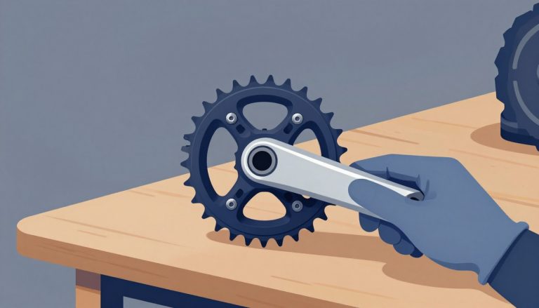 Une main gantée retire le plateau d’un VTT avec une clé Allen.