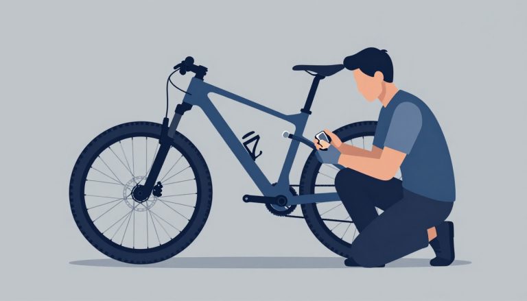 Un cycliste remplace une plaquette de frein sur un VTT, avec l’étrier visible sur l’établi.