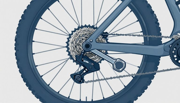 Une roue arrière de VTT avec sa roue libre détachée et une clé hexagonale.