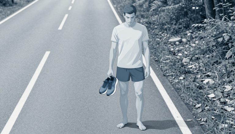 Un coureur compare des chaussures entre une route et un sentier forestier.