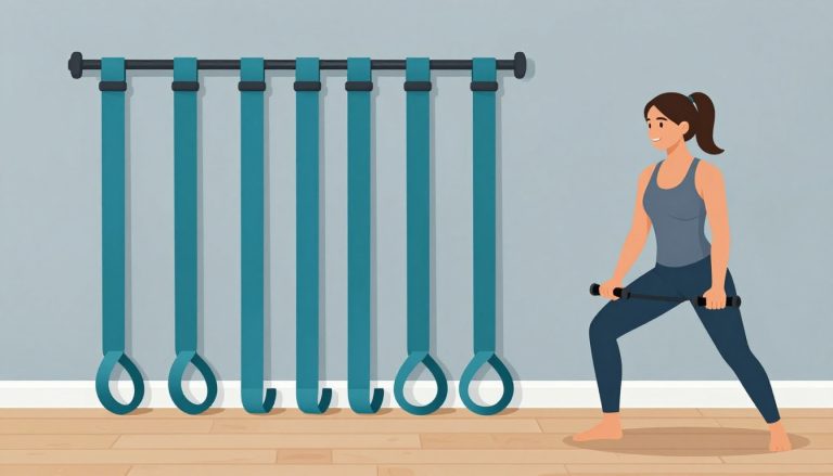 Une femme utilise un élastique de musculation dans un coin de sport lumineux.