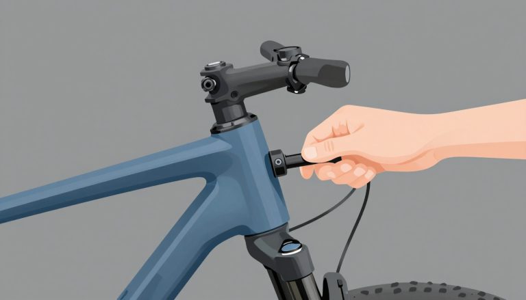 Une main gantée règle la potence bleue d’un VTT fixée à la fourche.