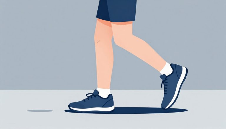 Un coureur en mouvement portant une chaussure amortissante, avec le genou souligné en bleu.