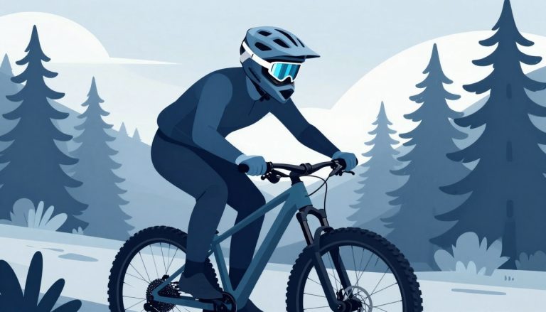 Vététiste de profil portant un casque bleu sur un sentier forestier.
