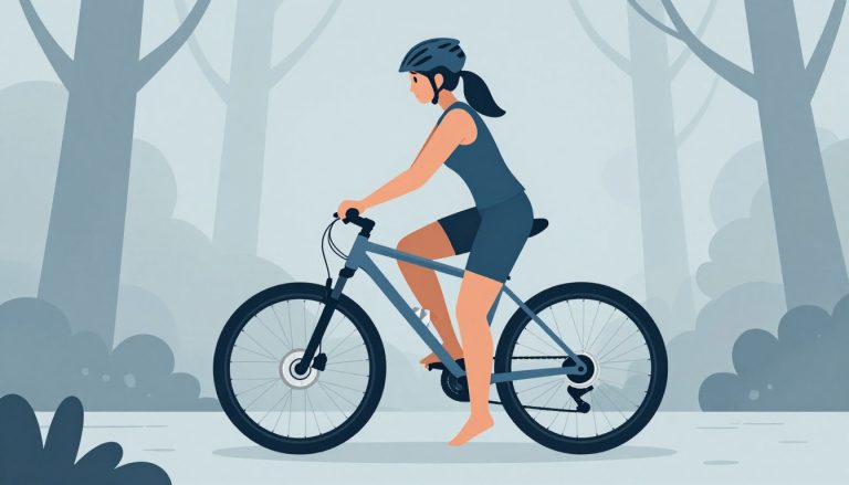 Une cycliste mesure sa cuisse près d’un VTT sur un sentier forestier.