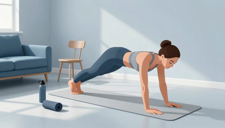 Une femme fait des pompes sur un tapis, près d’une chaise, d’une gourde et d’une serviette.