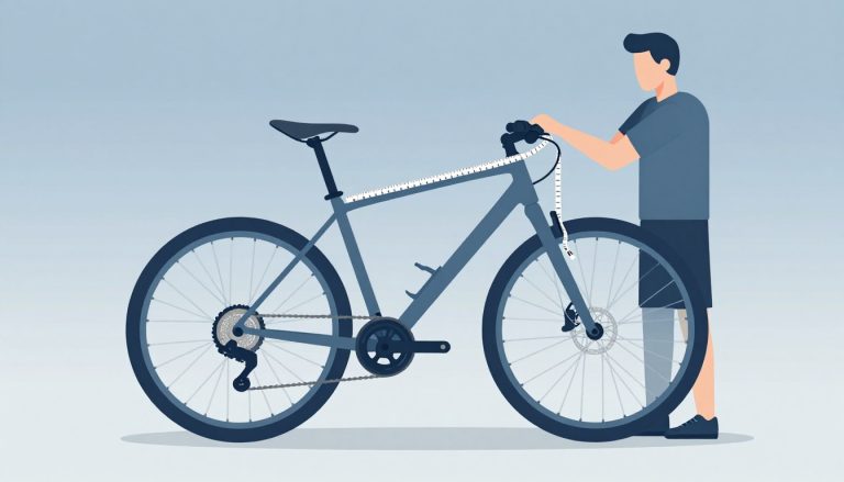 Un homme mesure son entrejambe près d’un VTT Rockrider avec un ruban souple.