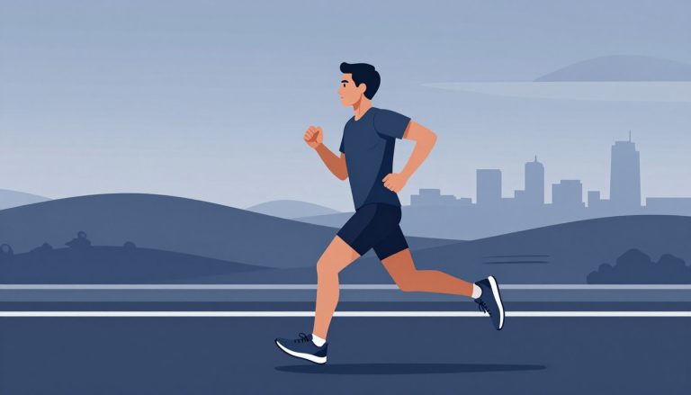 Un coureur concentré avance sur une route au lever du soleil, avec des collines en arrière-plan.
