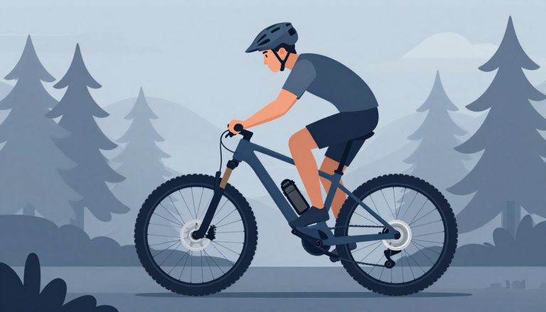 Un homme casqué ajuste le moteur arrière d’un VTT électrique en forêt.