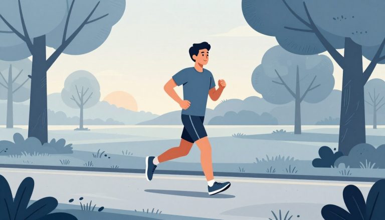 Une personne en tenue de sport commence à courir sur un chemin bordé d’arbres.