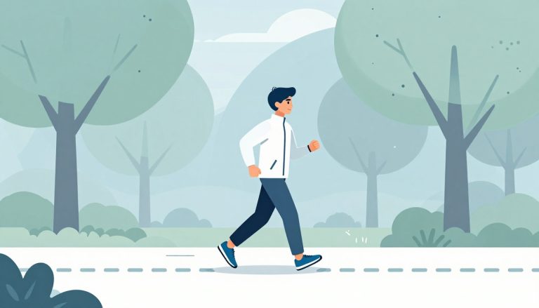 Un coureur débutant alterne marche et course sur un chemin de parc.