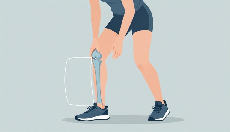 Une coureuse touche son genou gauche, avec un encart montrant les tendons.