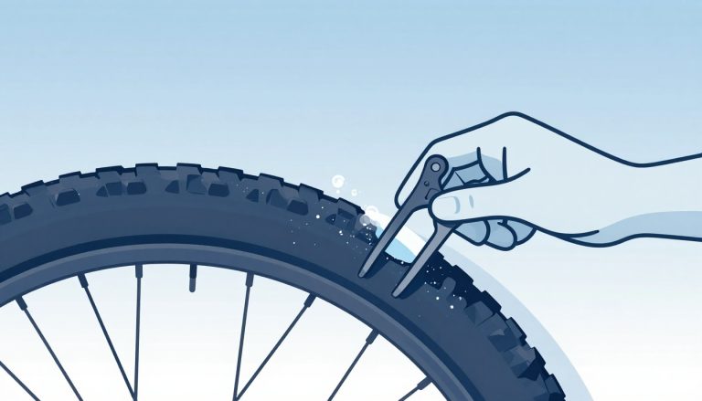 Une main gantée décolle un pneu VTT avec deux démonte-pneus sur un établi.