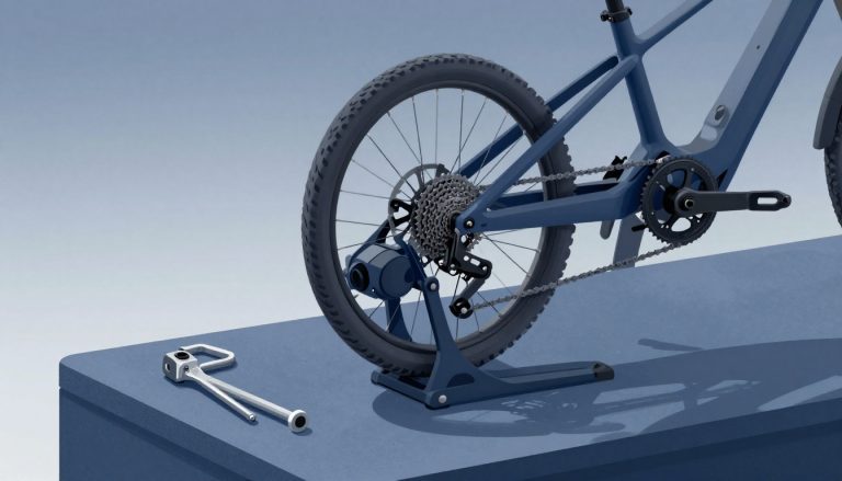 VTT électrique sur support, avec roue arrière retirée et outils posés sur l’établi.