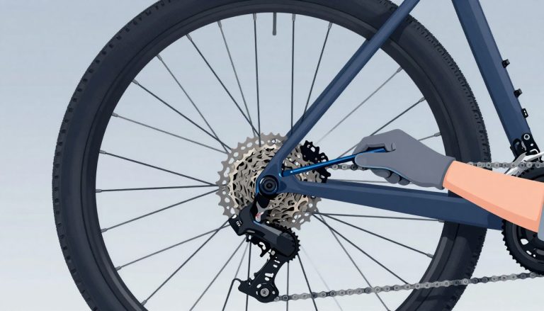 Roue arrière de VTT avec cassette Shimano et outils de démontage sur un pied d’atelier.