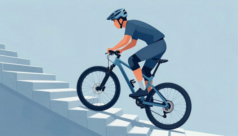 Un vététiste casqué descend prudemment des escaliers en béton.