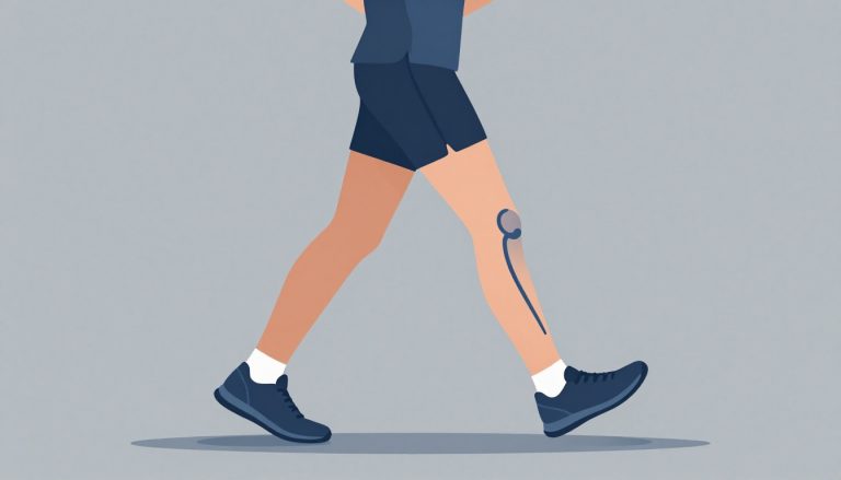 Coureur de profil avec le genou externe souligné en bleu-gris.