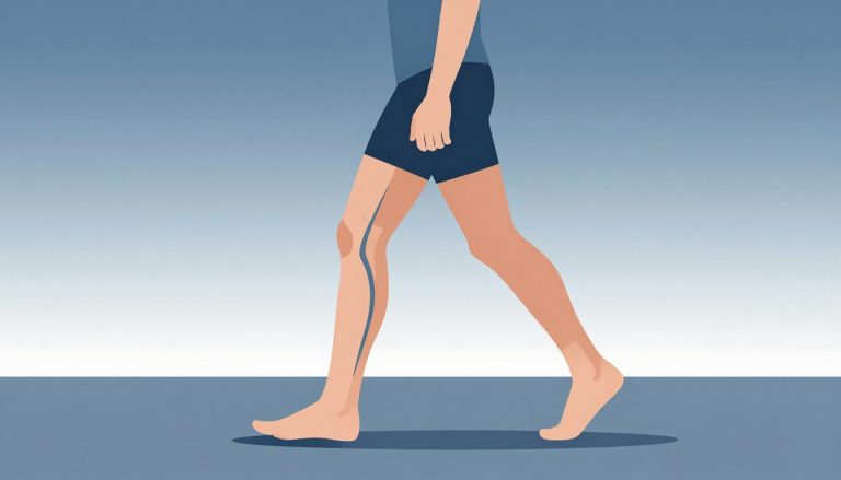 Coureur de profil avec la bandelette ilio-tibiale mise en évidence jusqu’au genou externe.