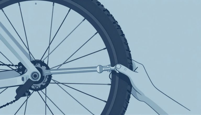 Une roue de VTT sur un pied de dévoilage, avec une main ajustant un rayon.