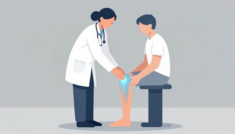 Une soignante examine le genou droit légèrement gonflé d’une patiente assise.