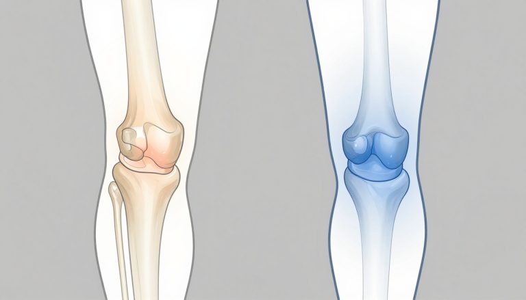 Le tendon rotulien et la bourse du genou sont mis en évidence de part et d’autre.