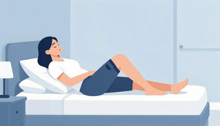 Une femme dort sur le côté, avec le genou surélevé par un coussin et la cheville soutenue.