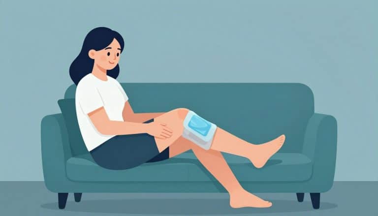 Une femme assise applique une poche froide sur son genou gonflé.