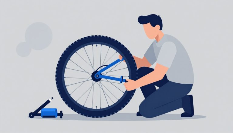 Un mécanicien retire un pneu bleu d’une roue de VTT sur un établi.