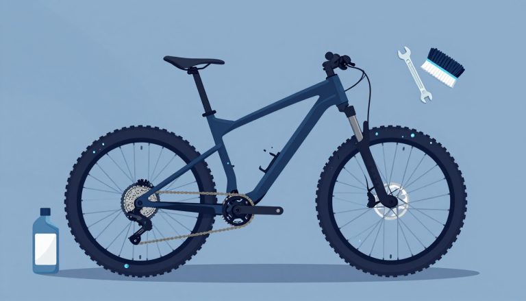 Un VTT boueux sur un pied d’atelier, avec une clé, du lubrifiant et une brosse.