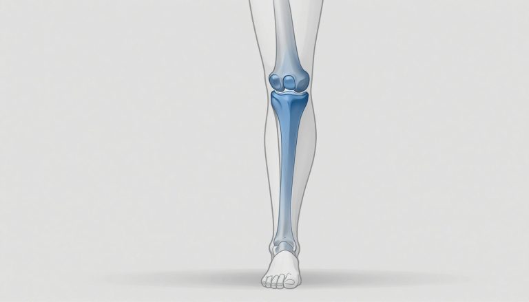 Jambe de profil avec genou tourné et ligament interne mis en évidence en bleu.