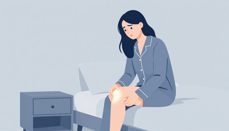 Une femme assise sur un lit tient son genou droit.