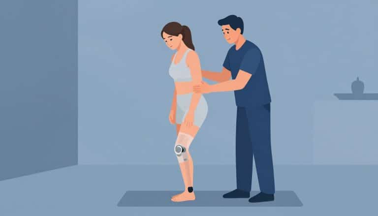 Une femme fléchit son genou droit avec l’aide d’un kinésithérapeute.