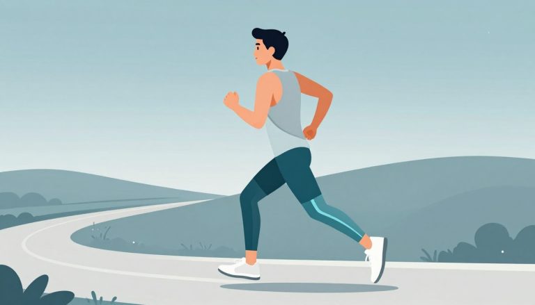 Un coureur avance sur un sentier, avec un trait bleu le long de l’extérieur du genou.