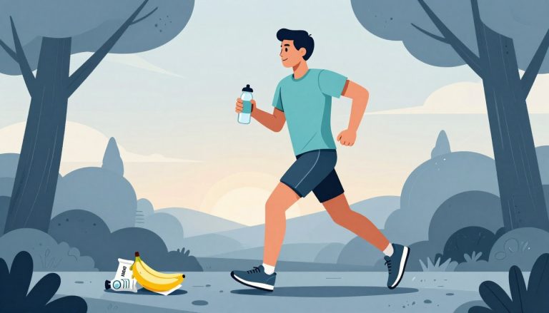 Un coureur tient une bouteille sur un sentier, avec des bananes et un gel posés sur une pierre.