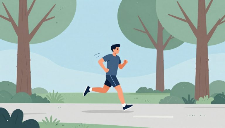 Un coureur avance sur un sentier bordé d’arbres, sous un ciel bleu.