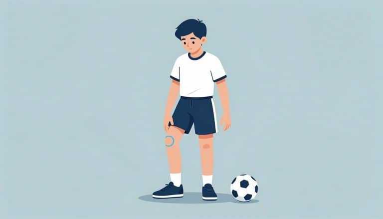 Un adolescent étire son genou droit, avec un ballon de football en arrière-plan.
