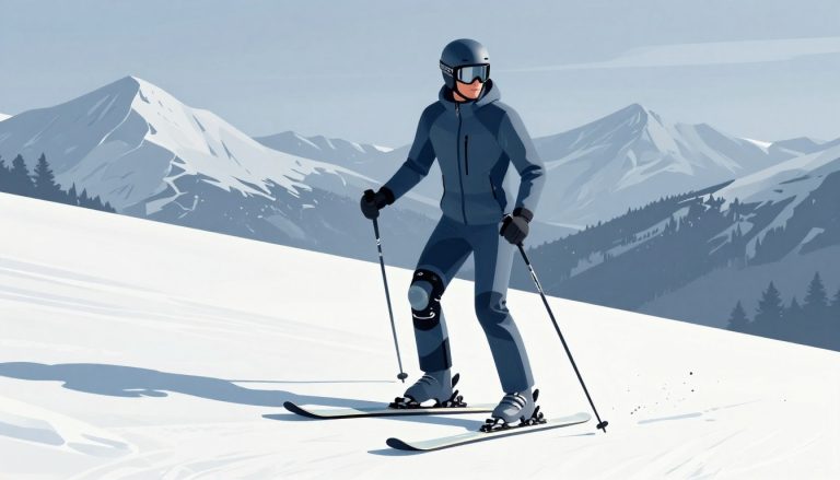 Un skieur porte une genouillère sur une pente enneigée entourée de montagnes.