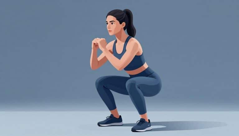 Une athlète effectue un squat contrôlé, les genoux et quadriceps mis en évidence.