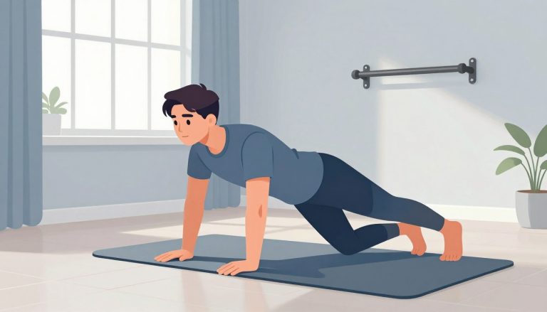 Une personne en forme fait des pompes sur un tapis dans un salon lumineux.