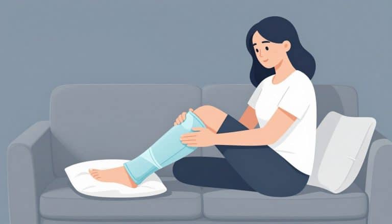 Une femme assise sur un canapé, la jambe droite surélevée et le genou couvert de glace.