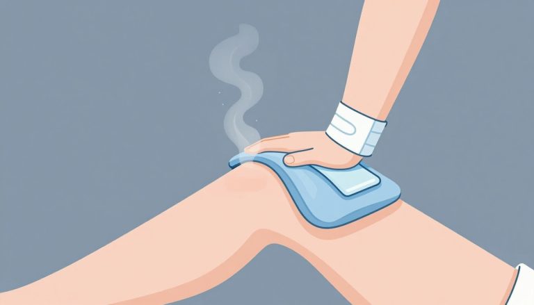 Genou droit surélevé avec une poche de glace et une bande élastique.