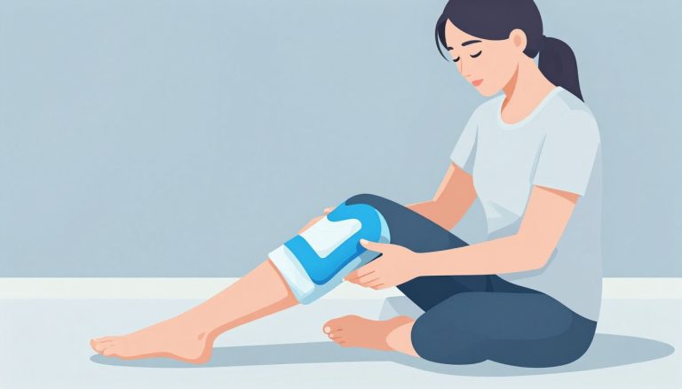 Une femme surélève son genou gonflé avec une poche de glace et une bande bleue.
