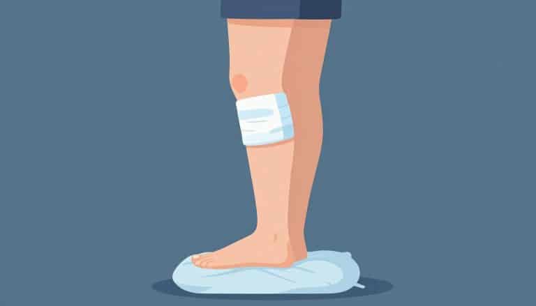 Genou légèrement gonflé avec poche de glace et bande de compression, pied posé sur un coussin.